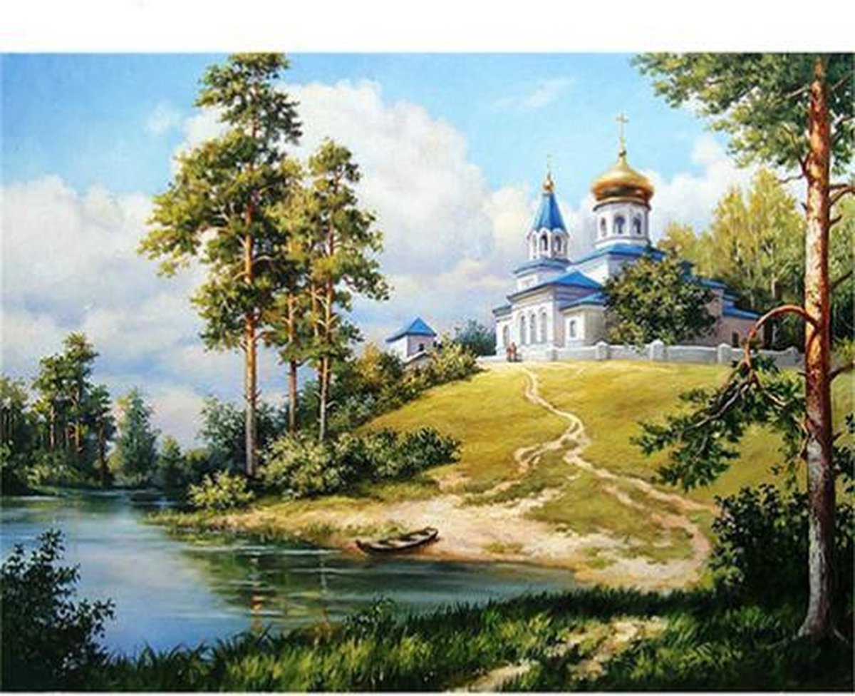 Diamond Painting World - Kerk op de heuvel - 30x40cm - Diamond painting - Diamond painting pakket - volledig bedekt - Volwassenen