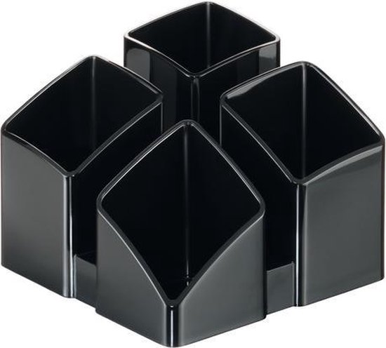 Zwarte pennenbak met vier vakken.