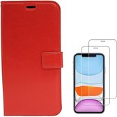 Hoesje Geschikt voor: iPhone 11 Pro Max - Bookcase rood - portemonee hoesje + 2X Tempered Glass Screenprotector