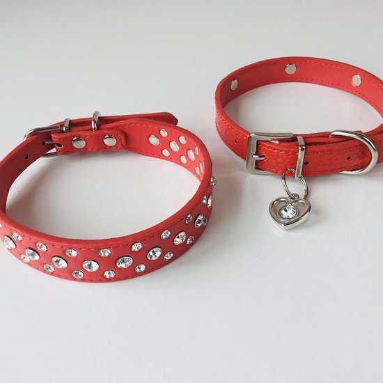 Honden halsband - Rood - Strass -Duopack/2 stuks - 32 tot 38 cm - Studs -  Luxe | bol.com