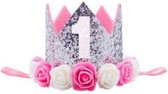 Verjaardag kroon, haarband kroon, wit, 1 jaar, roosjes, themafeest, prinses