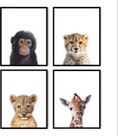 Postercity - Design Canvas Poster Jungle Set Baby Aapje, Giraffe, Cheeta en Tijger / Kinderkamer / Dieren Poster / Babykamer - Kinderposter / Babyshower Cadeau / Muurdecoratie / 30