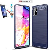 Samsung Galaxy A51 Carbone Brushed Tpu Blauw Cover Case Hoesje - 1 x Tempered Glass Screenprotector CTBL