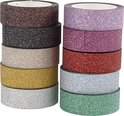 Twee stapels van vijf rollen glinsterende masking tape. Linkse stapel: bruin, zwart, beige, goud, zilver. Rechtse stapel: paars, roze, rood, lichtblauw, groen.