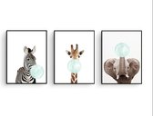 Poster Set 3 – Zebra Giraffe Olifant met Groene Kauwgom – 30x21cm / A4 – Babykamer Muurdecoratie / Babyshower Cadeau