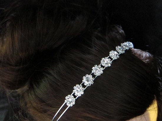 Tiara Zilver - Bloemetjes met Diamantjes - Haarsieraad - Dubbel diadeem