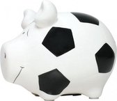 Spaarpot spaarvarken wit met voetbal print 12 cm - Voetbal thema dieren spaarpotten varkens/biggen voor kinderen en volwassenen