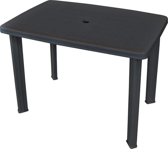 Table de jardin anthracite en plastique à quatre pieds et trou pour parasol.