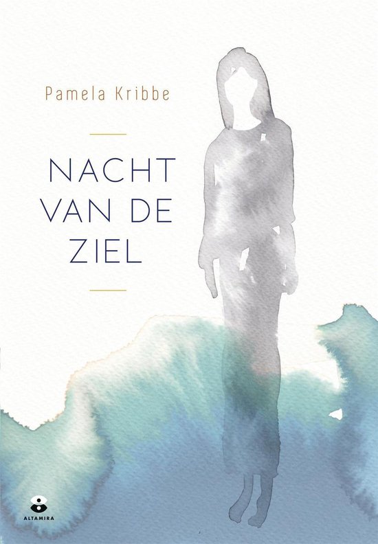 Boekcover 'Nacht van de Ziel' met een silhouet van een vrouw en abstracte aquarelachtergrond.