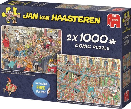 Jan van Haasteren Fijne Feestdagen 2-in-1 Puzzel Oud en Nieuw Feestje en De Fabriek van de Kerstman - 2x 1000 stukjes