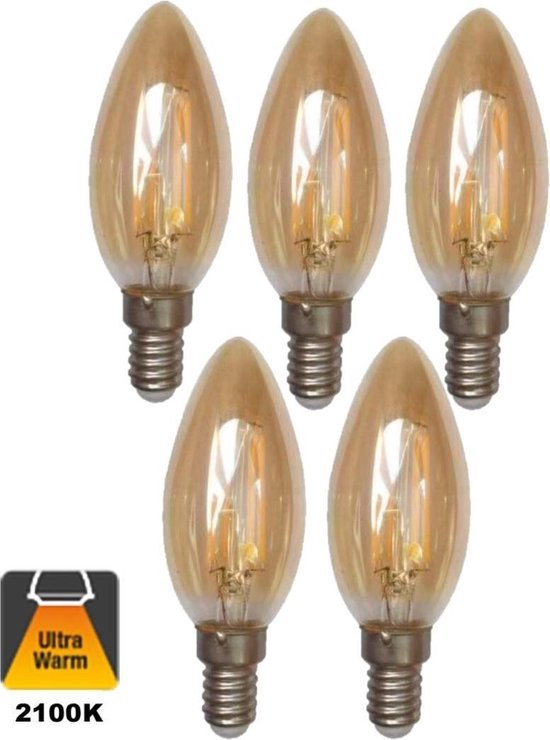 5 Pack - E14 Filament Kaarslamp 1,6w Amber, 150 Lumen, 2100K Flame | bol.com