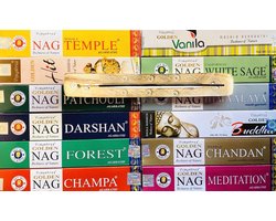 VIJAYSHREE GOLDEN NAG WIEROOK ASSORTIMENT 12  SOORTEN (12 PAKJES X 15G)+wierookhouder van mangowood