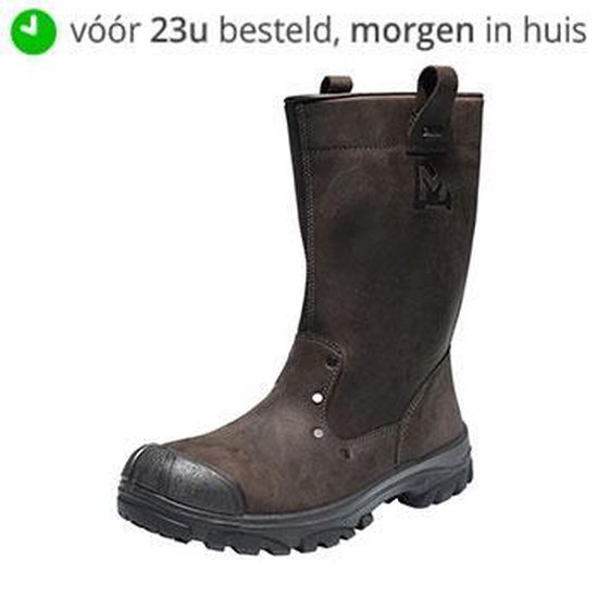 Bruine leren werklaars met logo en zwarte zool.
