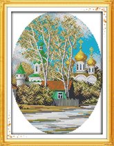 Artstudioclub®  borduurpakketten volwassenen Ronde vorm. Bomen en kerk op de achtergrond 29 × 36cm