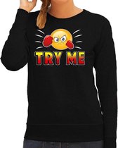 Funny emoticon sweater Try me zwart dames S