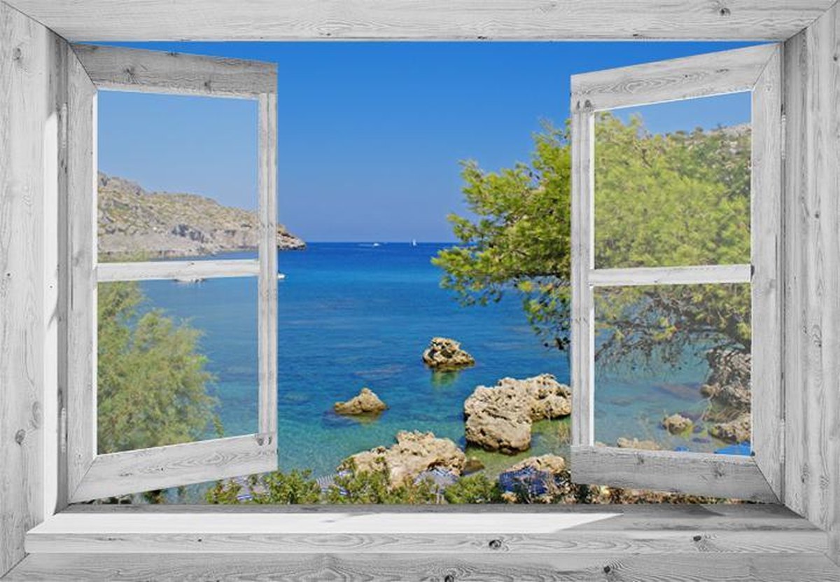 Tuindoek doorkijk - 130x95 cm - openslaand wit venster Kroatië - tuinposter - tuin decoratie - tuinposters buiten - tuinschilderij