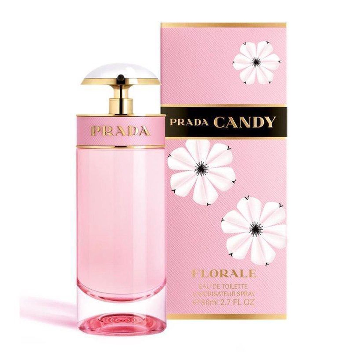 Prada Candy Florale Eau de Toilette damesparfum in een glazen sprayfles met gouden details en roze band.