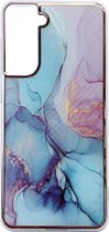 Casemania Hoesje Geschikt voor Samsung Galaxy S23 Plus Blauw - Siliconen Marmer Back Cover