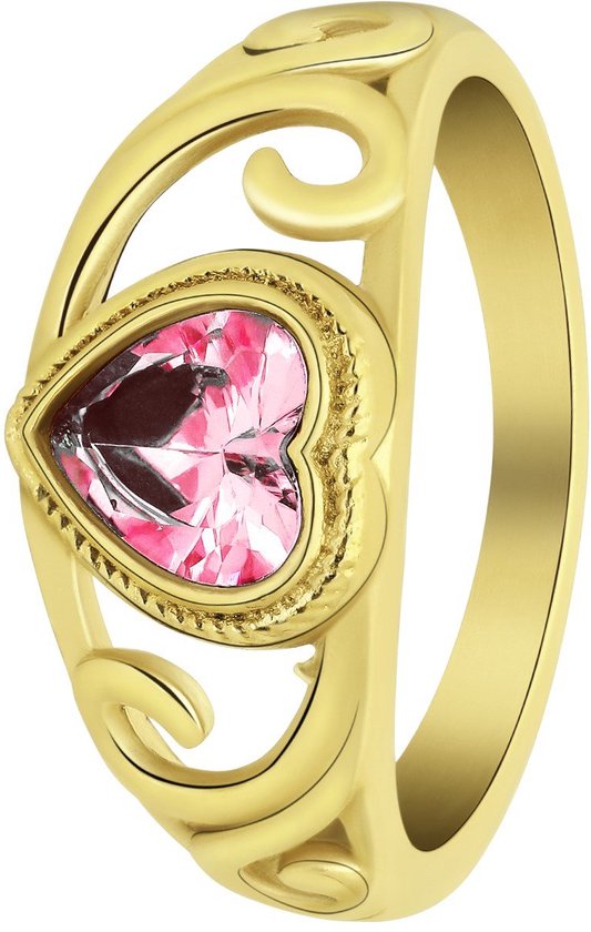 Lucardi Dames vintage ring met hart roze – Maat 47 – 15mm - Ring - Cadeau - Staal goldplated - Goudkleurig