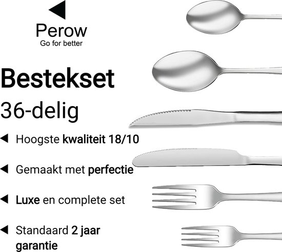 Perow 6 Persoons Bestekset – 36 Delig – 18/10 Edelstaal – Lepels, Messen, Vorken & Steakmessen – Vaatwasserbestendig – Zilver - Serviessets