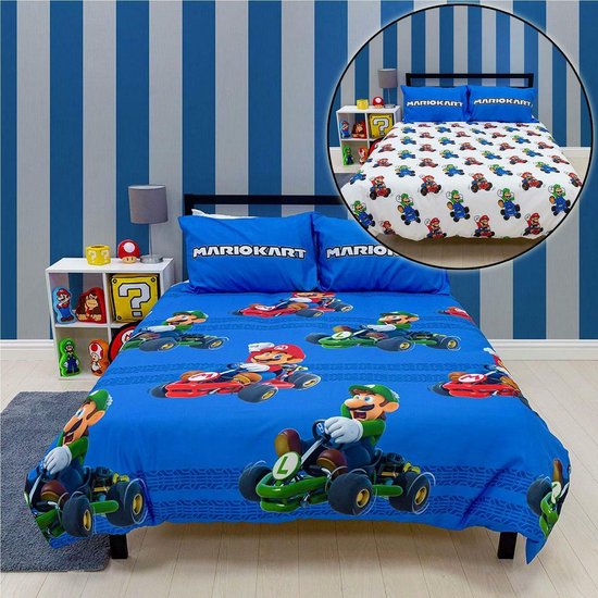 Super Mario dekbedovertrek - tweepersoons - blauw - Mario Kart dekbed 200 x 200 cm.