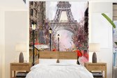 Behang - Fotobehang Schilderij - Parijs - Eiffeltoren - Paraplu - Olieverf - Breedte 205 cm x hoogte 280 cm