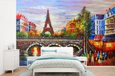 Behang - Fotobehang Schilderij - Olieverf - Eiffeltoren - Parijs - Water - Breedte 360 cm x hoogte 240 cm