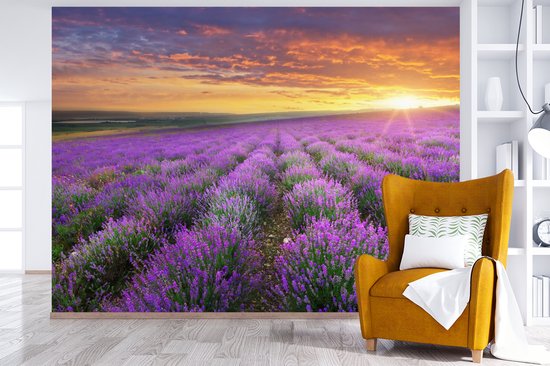 Behang - Fotobehang Lavendel - Wolken - Lente - Breedte 375 cm x hoogte 280 cm