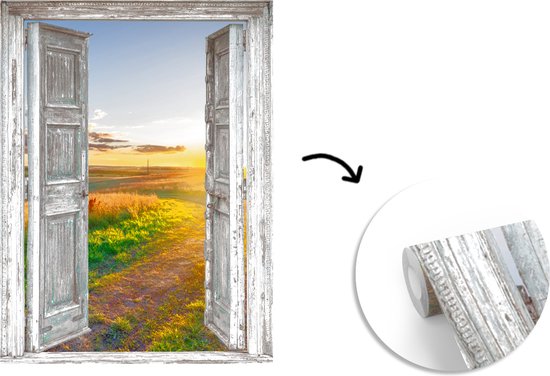 Behang - Fotobehang Doorkijk - Platteland - Landschap - Zon - Breedte 195 cm x hoogte 260 cm