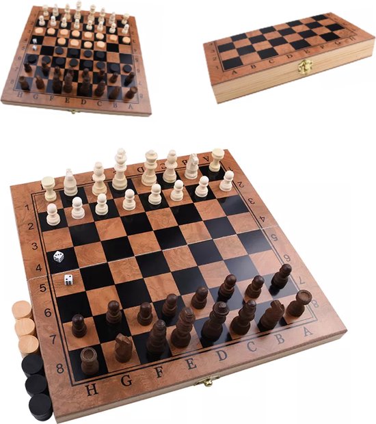 Thumbnail van een extra afbeelding van het spel Schaakbord | Dambord | Backgammon | 39 x 39 cm | Schaakspel | Schaakset | Schaken | Dammen | Met Schaakstukken | 3-in-1 Bordspel | Chess | Hout | Opklapbaar