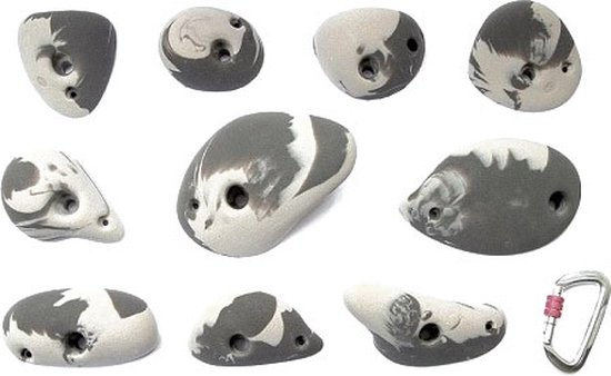 Set van 10 grijze en witte klimstenen met marmerlook, inclusief karabijnhaak.