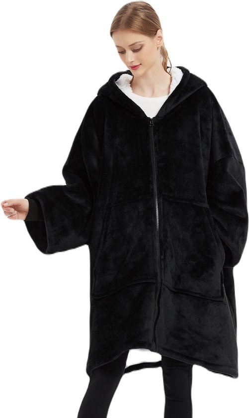 Q-Living Hoodie Deken - Snuggie - Plaid Met Mouwen - Snuggle Hoodie - Fleece Deken Met Mouwen - 1450 gram - Zwart Met Rits