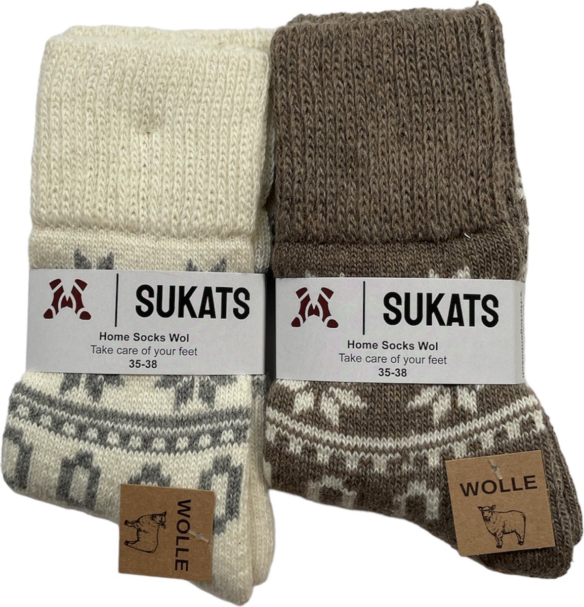 Sukats® Huissokken - Noorse Wollen Sokken - Homesocks - 2 Paar - Maat 35-38 - Wit/Bruin - Wol - Warm - Winter - Dames