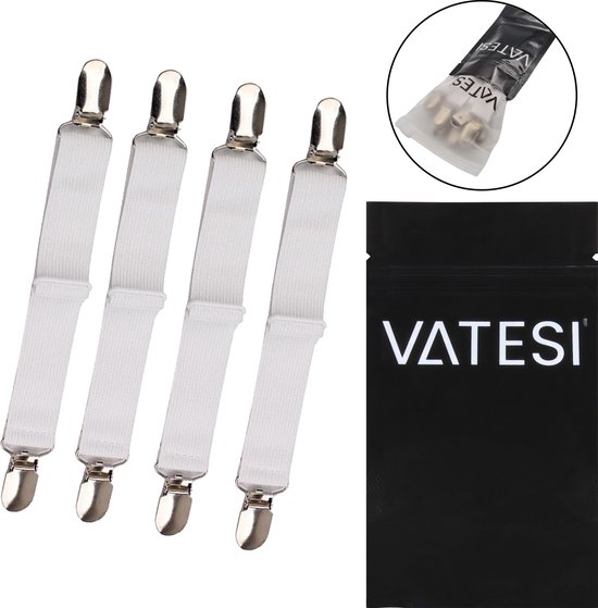 Vier witte elastische lakenbanden met zilveren clips, VATESI logo op zwart zakje.