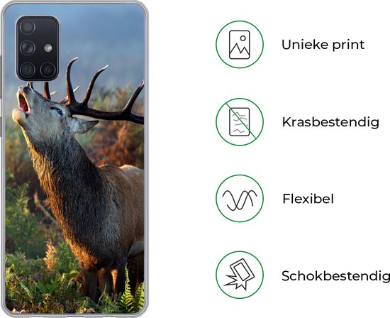 Telefoonhoesje Geschikt voor Samsung Galaxy A51 5G hoesje - Hert - Bos - Mist - Siliconen Telefoonhoesje Telefoonhoesje