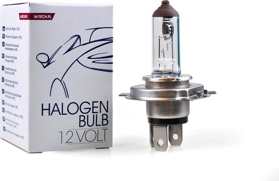 Doos met "HALOGEN BULB 12 VOLT" en een H4 lamp. De lamp heeft een glazen capsule en een metalen voet.