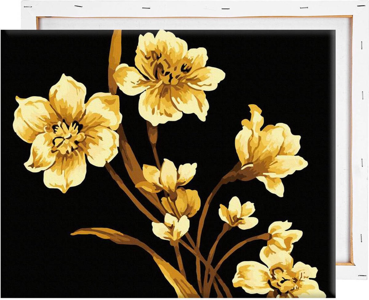 Schilderen Op Nummer Volwassenen DIY Paint By Number Compleet Hobby Pakket op Frame met Vernis - ®Arty Bee - Golden Flowers - 50x40cm — afbeelding 4