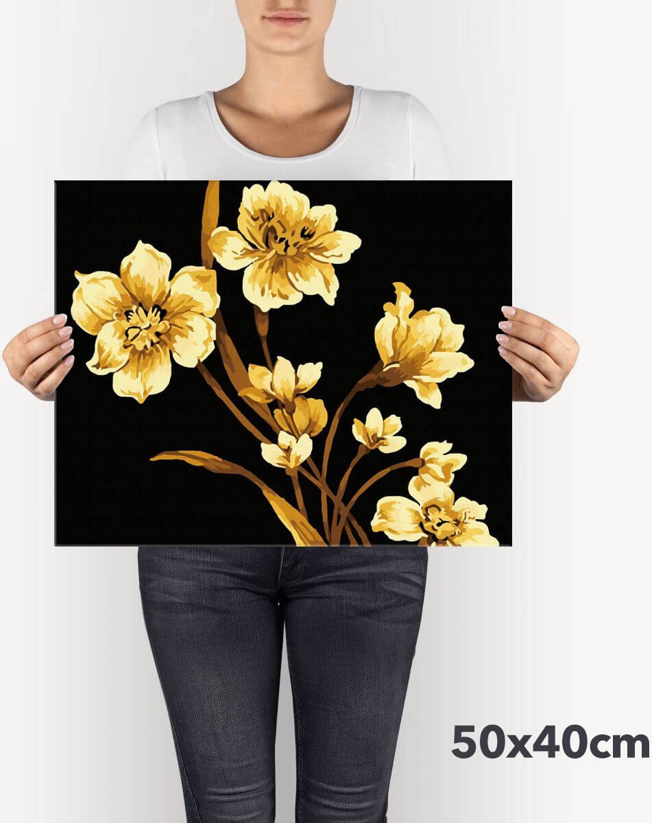Schilderen Op Nummer Volwassenen DIY Paint By Number Compleet Hobby Pakket op Frame met Vernis - ®Arty Bee - Golden Flowers - 50x40cm — afbeelding 5