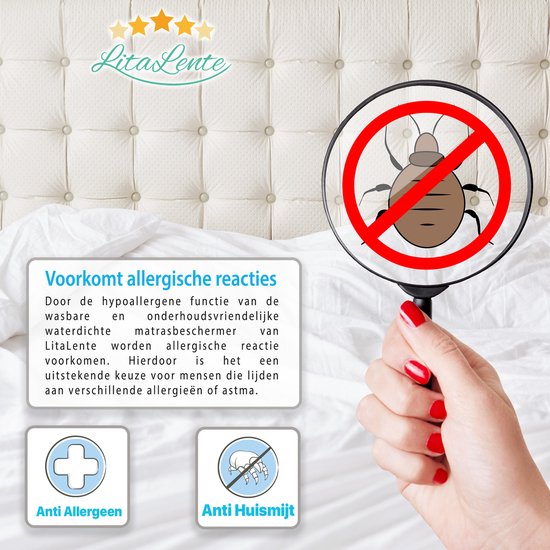 Een vergrootglas toont een bedwants op een matras, met een rood kruis erdoor. Voorkomt allergische reacties en huismijten.