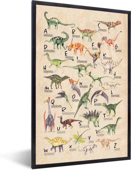 Poster in lijst jongenskamer - Poster dino - Dino schilderij - Alfabet - Dino - Dinosaurus - Educatief - Retro - 60x90 cm