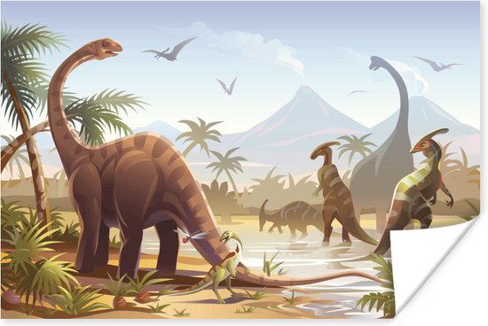 Poster kinderen - Dinosaurus - Landschap - Tropisch - Kinderen - Jongens - Decoratie kinderkamers - Wanddecoratie jongens - 30x20 cm - Schilderij voor kinderen