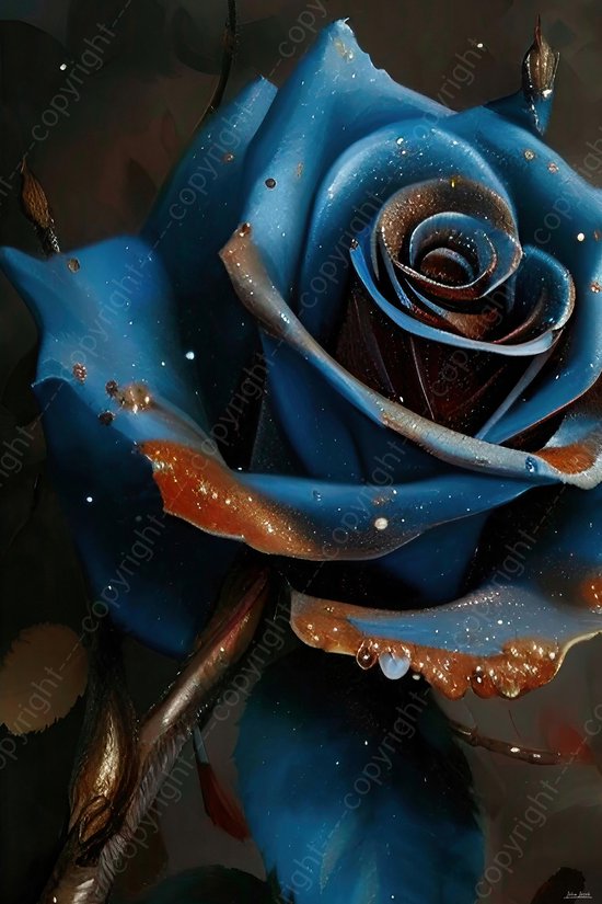 JJ-Art (Aluminium) 60x40 | Roos metaal roest blauw bloem industrieel abstract in geschilderde stijl kunst woonkamer slaapkamer | stilleven plant natuur bruin modern |  Foto schilderij print industrieel op Dibond/ Aluminium (metaal wanddecoratie)