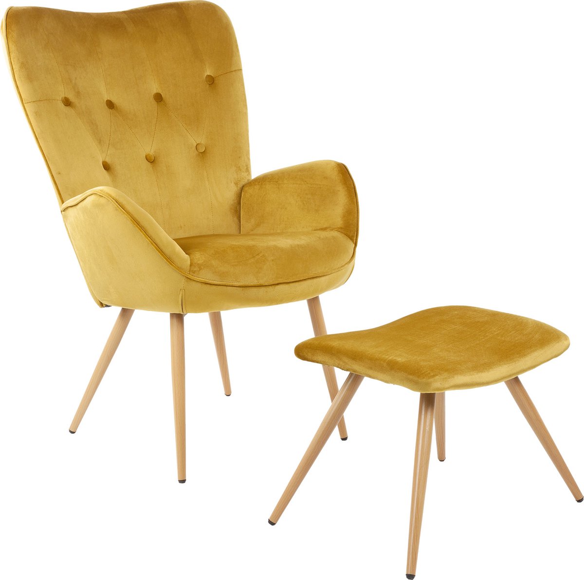 Albatros Wing Chair met Krukje York, Goud - Vintage u Stijlvol, Fluwelen Bekleding - Elegante en SGS Goedgekeurde Leesstoel of Relaxstoel met Krukje in Moderne Look - oorfauteuils met armleuning