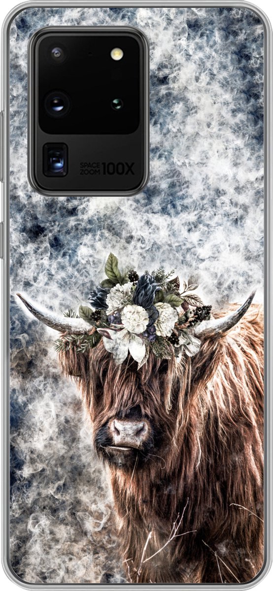 Geschikt voor Samsung Galaxy S20 Ultra hoesje - Schotse hooglander - Rook - Bloemen - Siliconen Telefoonhoesje