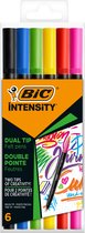 BIC Intensity Dual Tip Kleurstift met Verstelbare Borstelpunt en Dunne Viltstift - Diverse Kleuren - 6 Stuks