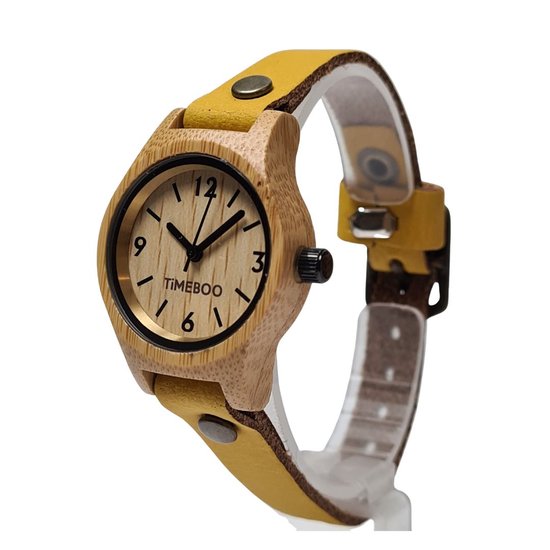 Dames horloge bamboe hout SMALL Okergeel leren band TiMEBOO bol