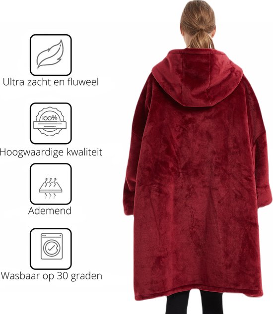 Q-Living Hoodie Deken - Snuggie - Plaid Met Mouwen - Snuggle Hoodie - Fleece Deken Met Mouwen - 1450 gram - Wijnrood Met Rits