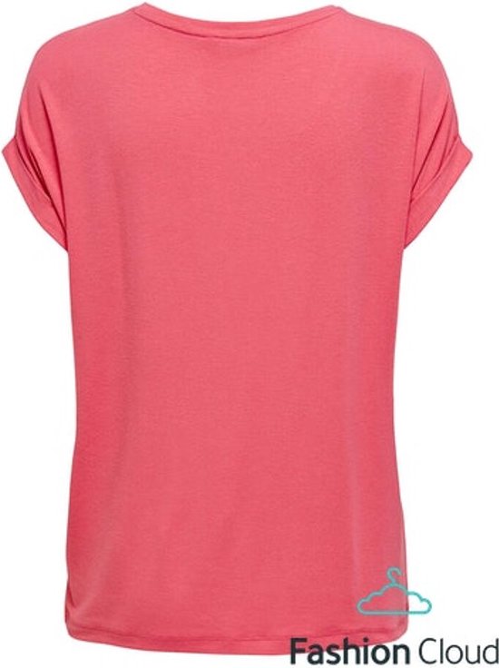 Achterkant van een roze dames T-shirt met korte omgeslagen mouwen en boothals.