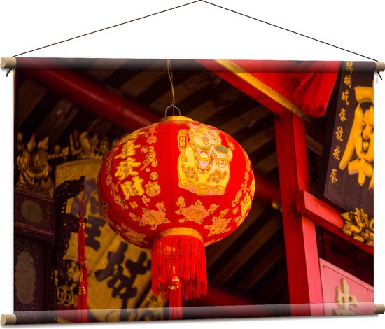 Textielposter - Rood/Gele Chinese Lampion hangend - 90x60 cm Foto op Textiel