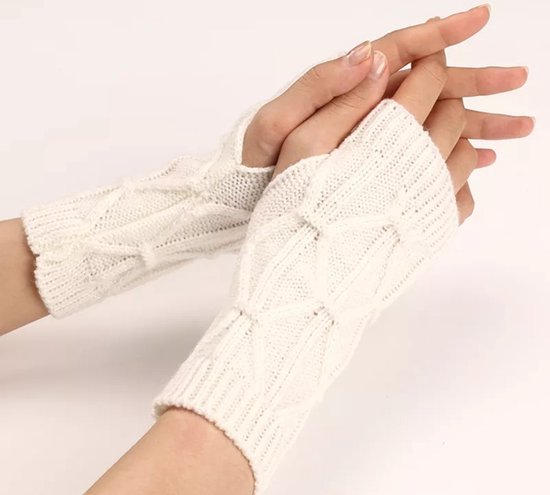 Handschoenen - Polswarmers - Vingerloos - Dames - Warme handen - Thuiswerken - Typen - Computerwerk - Whatsappen - Herfst - Winter - One size - Gebreid - Kabelpatroon - Wit
